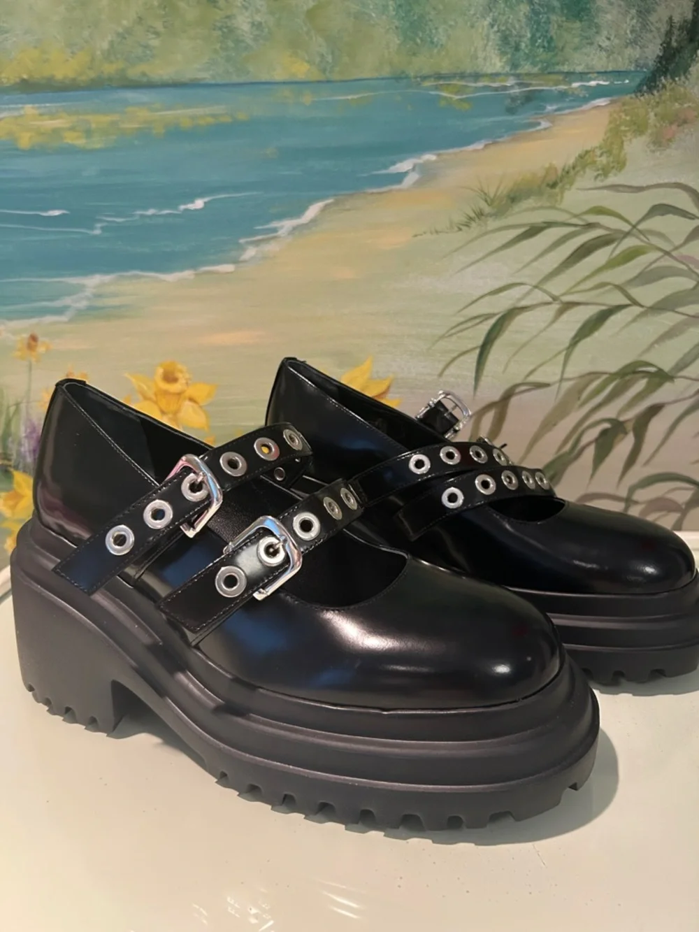 NWOB Maje Black Leather Platform Mary Jane “Babies” with Silver Eyelets